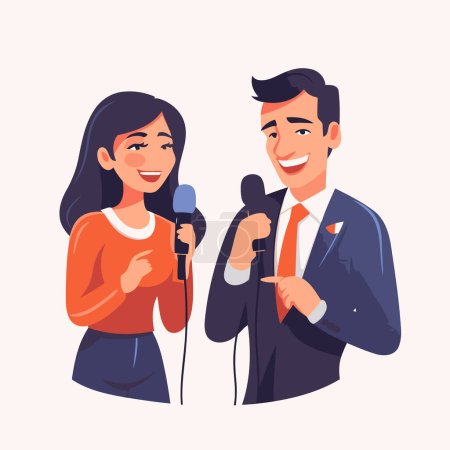 Hombre y mujer hablando en el micrófono. Ilustración vectorial en estilo de dibujos animados.