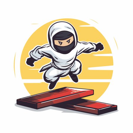 Illustration for Ninja flying over the wooden crossbar. Vector illustration in cartoon style - Royalty Free Image