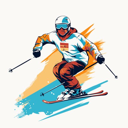 Téléchargez les illustrations : Illustration vectorielle du skieur en tenue de sport et casque ski alpin. - en licence libre de droit