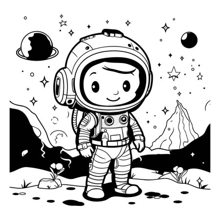 Illustration for Astronaut boy in space suit. Vector illustration. Black and white. - Royalty Free Image