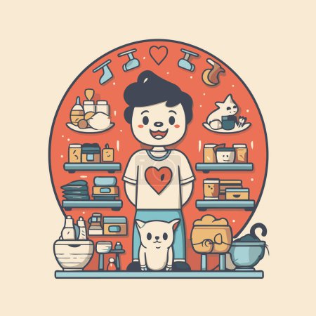 Illustration for Cute boy in a bookstore. Vector illustration in flat style. - Royalty Free Image
