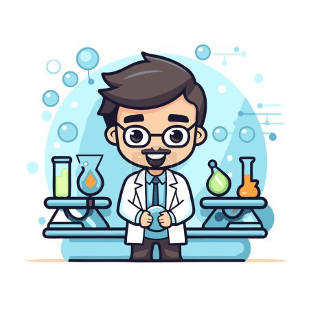Illustration for Scientist in lab coat and glasses. Vector illustration in cartoon style. - Royalty Free Image