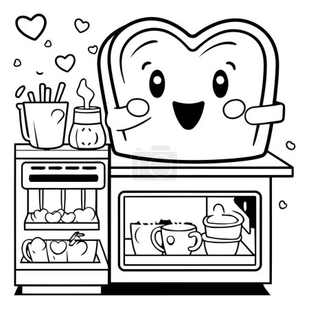 Toast in the oven. black and white vector illustration for coloring book