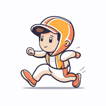 Téléchargez les illustrations : Garçon qui court portant une casquette de baseball. Illustration vectorielle en style dessin animé sur fond blanc. - en licence libre de droit