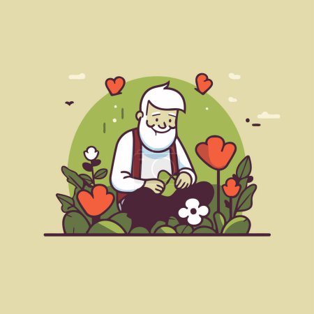 Téléchargez les illustrations : Jardinier plantant une fleur dans le jardin. Illustration vectorielle de style plat. - en licence libre de droit