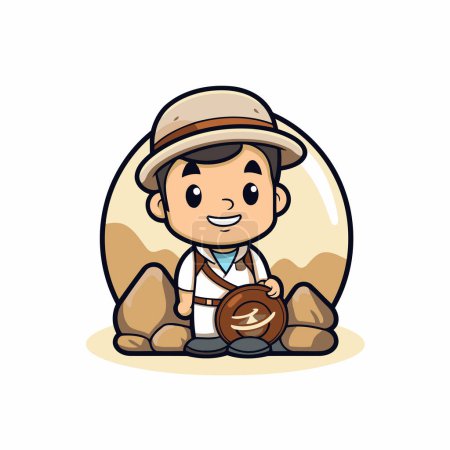 Illustration for Cute cartoon explorer sitting on the rocks and holding a treasure map - Royalty Free Image