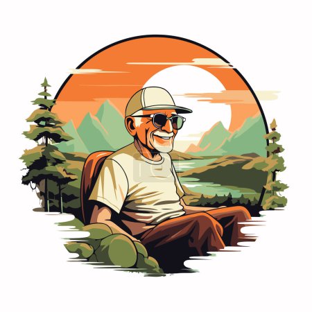 Téléchargez les illustrations : Homme âgé assis dans la forêt et regardant le soleil. Illustration vectorielle. - en licence libre de droit