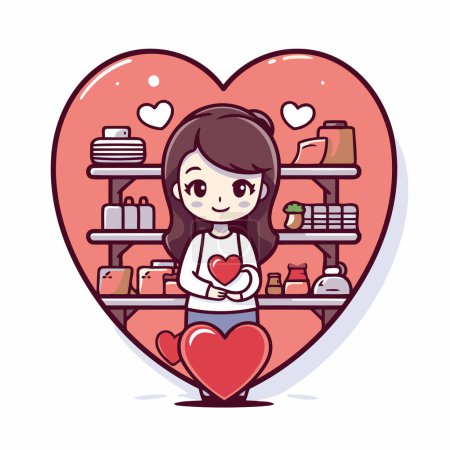 Illustration for Cute little girl holding a heart in the shop. Vector illustration. - Royalty Free Image