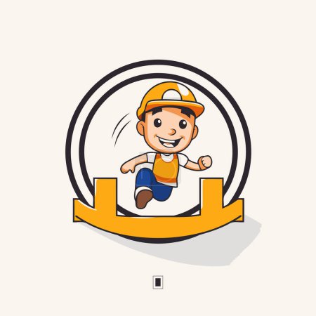 Téléchargez les illustrations : Joli petit garçon en casque sautant sur l'échelle. Illustration vectorielle. - en licence libre de droit