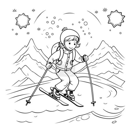 Téléchargez les illustrations : Livre à colorier pour enfants : skieur en montagne. Illustration vectorielle - en licence libre de droit