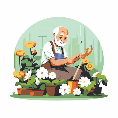 Téléchargez les illustrations : Homme âgé travaillant dans le jardin. Illustration vectorielle de style plat. - en licence libre de droit