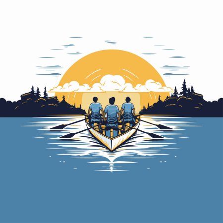 Illustration for Rowing boat on the lake at sunset. Vector illustration of a group of people rowing on the lake. - Royalty Free Image