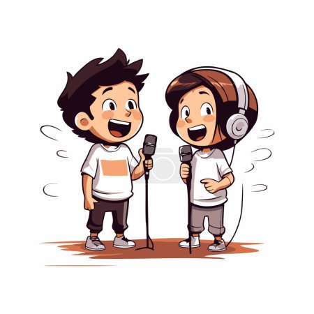 Illustration for Cartoon boy and girl singing karaoke. Vector illustration. - Royalty Free Image