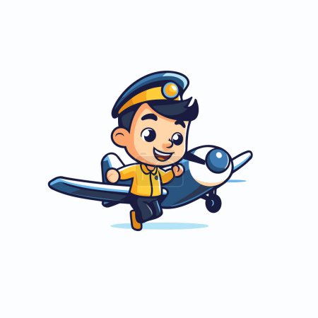 Téléchargez les illustrations : Mignon personnage pilote de dessin animé avec avion sur fond blanc. Illustration vectorielle. - en licence libre de droit