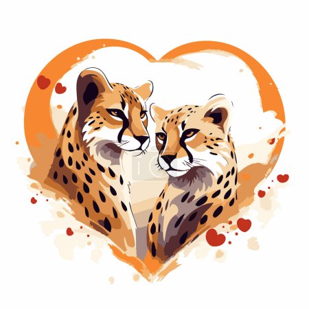 Illustration for Two cheetah heads in heart shape with splashes. Vector illustration. - Royalty Free Image