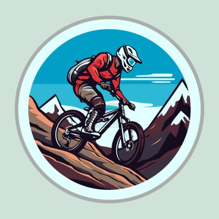 Illustration for Mountain biker on the mountain road. Vector illustration in retro style. - Royalty Free Image