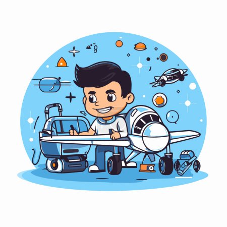 Ilustración de Lindo chico volando con un avión. Ilustración vectorial en estilo de dibujos animados. - Imagen libre de derechos