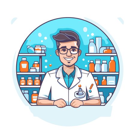 Ilustración de Farmacéutico con un frasco de medicamento. Ilustración vectorial en un estilo plano - Imagen libre de derechos
