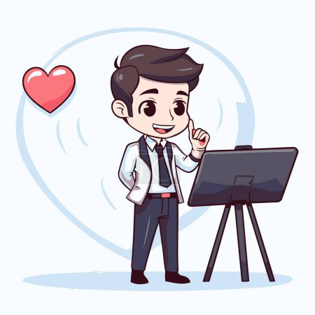 Téléchargez les illustrations : Homme d'affaires travaillant sur un ordinateur portable avec cœur. Illustration vectorielle de personnage de dessin animé. - en licence libre de droit
