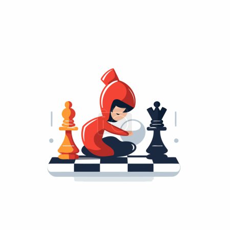Niño jugando al ajedrez. Niño en traje rojo sentado en el tablero de ajedrez. Ilustración vectorial en estilo plano
