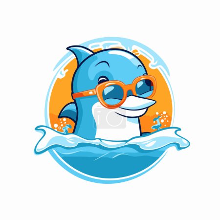 Ilustración de Lindo delfín de dibujos animados con gafas en el mar. Ilustración vectorial. - Imagen libre de derechos
