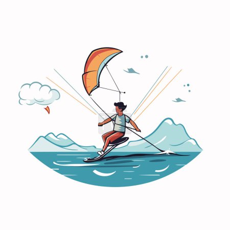 Illustration for Kitesurfing. Vector illustration of a man riding a kite on the waves. - Royalty Free Image