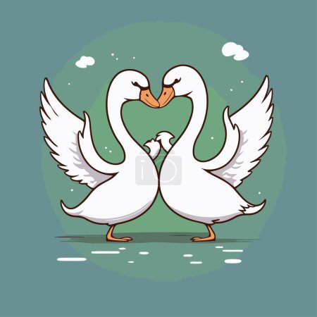 Téléchargez les illustrations : Deux cygnes blancs amoureux sur fond vert. Illustration vectorielle - en licence libre de droit