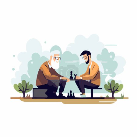 Grandfather and grandson playing chess. Grandfather and grandson spending time together. Vector illustration in flat style