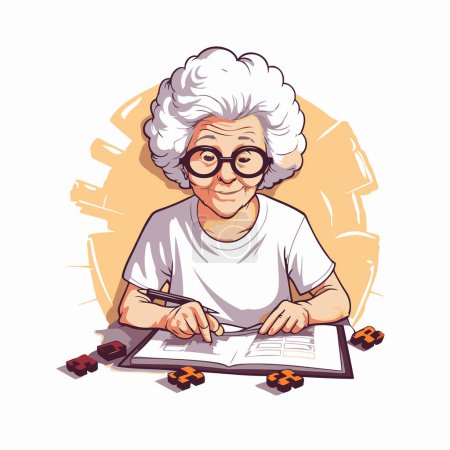 Ilustración de Una anciana haciendo su tarea. Ilustración vectorial en un estilo de dibujos animados. - Imagen libre de derechos