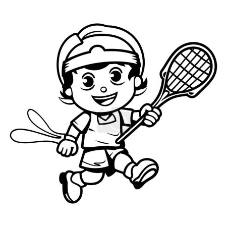 Téléchargez les illustrations : Illustration de bande dessinée d'un garçon jouant au tennis Livre de coloriage sportif - en licence libre de droit
