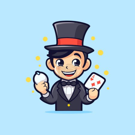 Téléchargez les illustrations : Magicien de bande dessinée homme tenant une carte et jouant aux cartes. Illustration vectorielle. - en licence libre de droit