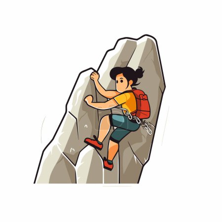 Illustration for Vector illustration of a woman climbing on a rock with a backpack. - Royalty Free Image