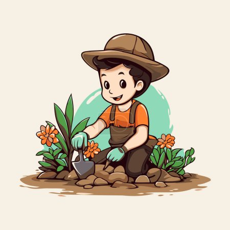 Téléchargez les illustrations : Garçon plantant des fleurs dans le jardin. Illustration vectorielle dessin animé mignon. - en licence libre de droit