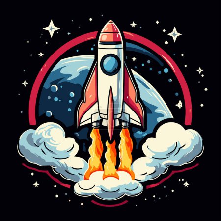 Ilustración de Un cohete espacial en el espacio. Ilustración vectorial para el diseño de camisetas. - Imagen libre de derechos