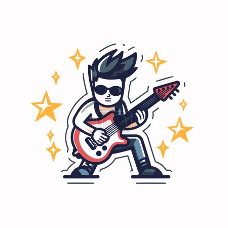 Téléchargez les illustrations : Illustration vectorielle d'un musicien rock jouant de la guitare électrique en dessin animé. - en licence libre de droit