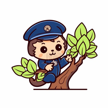 Illustration for Cute boy in police uniform holding a branch of a tree. Vector illustration. - Royalty Free Image