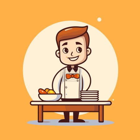 Téléchargez les illustrations : Serveur servant de la nourriture au restaurant. Illustration vectorielle de personnage de dessin animé. - en licence libre de droit