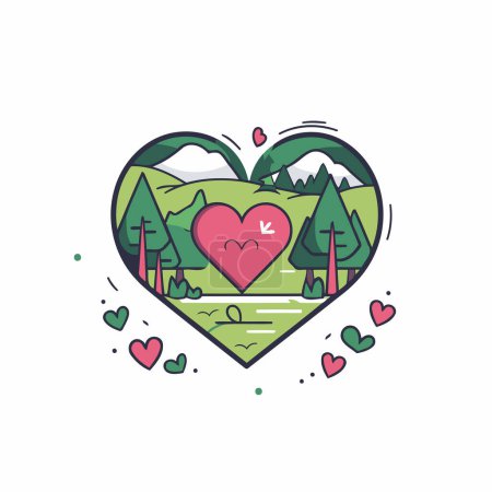 Téléchargez les illustrations : Coeur avec des arbres et des montagnes en arrière-plan. Illustration vectorielle. - en licence libre de droit