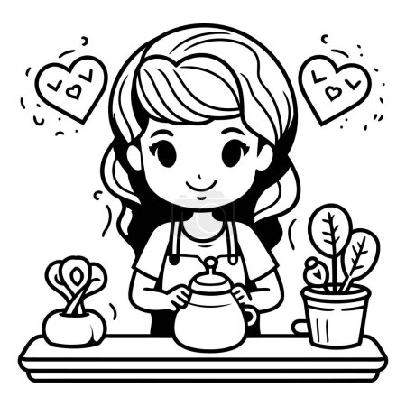 Ilustración de Ilustración de dibujos animados en blanco y negro de linda chica preparando té - Imagen libre de derechos