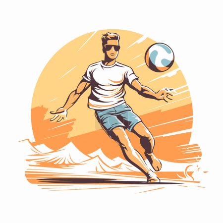Illustration for Beach volleyball player with ball on the sunset. Vector illustration. - Royalty Free Image