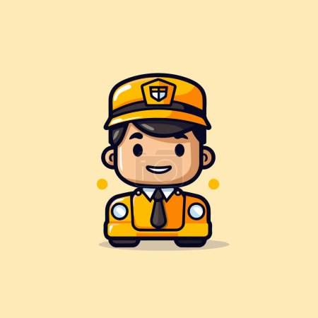 Téléchargez les illustrations : Mignon chauffeur de taxi dessin animé personnage vectoriel illustration. Style design plat. - en licence libre de droit