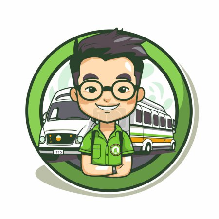 Ilustración de Hipster hombre con autobús y tren en el fondo. Ilustración vectorial. - Imagen libre de derechos