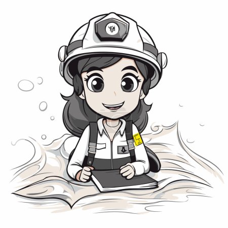 Téléchargez les illustrations : Jolie petite fille en uniforme de pompier lisant un livre. Illustration vectorielle. - en licence libre de droit