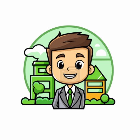 Illustration for Businessman in front of the house. Vector illustration. Cartoon character. - Royalty Free Image
