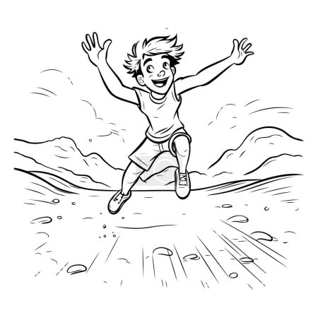 Téléchargez les illustrations : Garçon sautant sur la plage. illustration vectorielle noir et blanc pour livre à colorier - en licence libre de droit