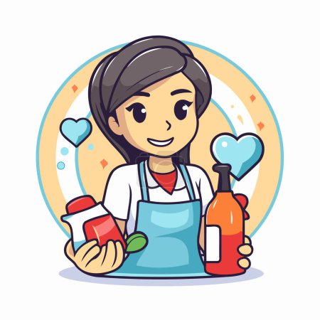 Illustration for Cleaning service woman holding cleaning tools. Vector illustration in cartoon style - Royalty Free Image