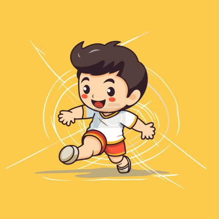 Illustration for Cartoon soccer player kicking the ball. Vector illustration isolated on yellow background. - Royalty Free Image