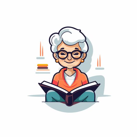 Téléchargez les illustrations : Grand-mère lisant un livre. Illustration vectorielle isolée sur fond blanc. - en licence libre de droit