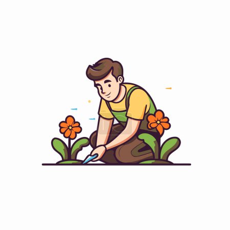 Illustration for Gardening concept. Young man working in the garden. Vector illustration - Royalty Free Image