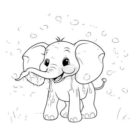 Téléchargez les illustrations : Jolie bande dessinée éléphant sous la pluie. Livre à colorier pour enfants. - en licence libre de droit
